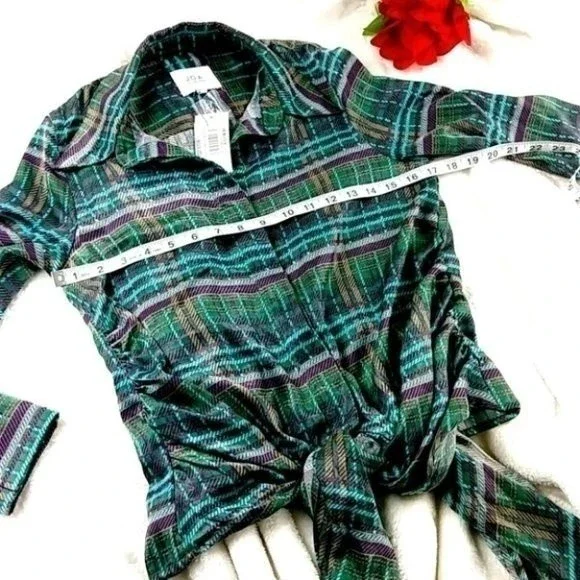 JOA Green Satin Plaid Tie Front Silky Long Sleeve Top - Picture 7 of 14